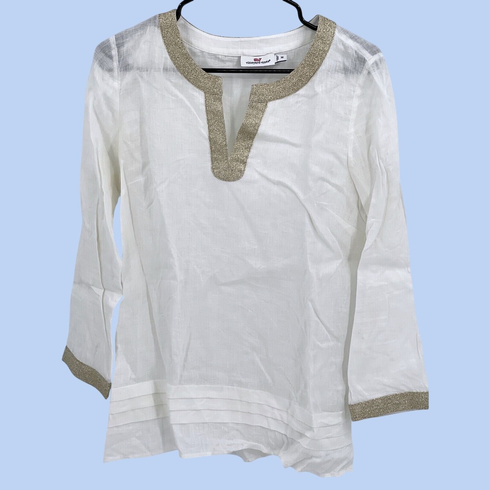 Vineyard Vines Tunic Top Linen Medium V Neck Gold Long Sleeve Quiet Luxury Beach